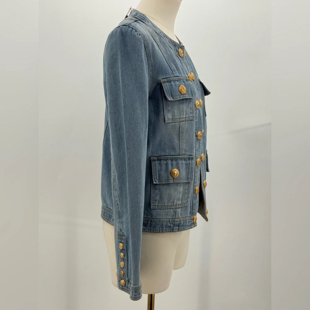 Ma Cherie Light Wash Denim Jacket with Gold Crest Buttons Chic Military Style - Picture 8 of 15